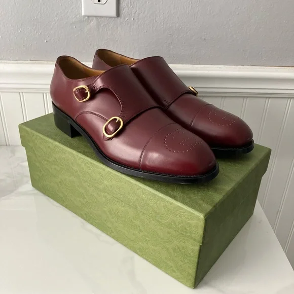 Gucci Men’s Brown Leather Double Monk Strap Shoes Gucci Brown Leather Double Buckle Monk Strap Oxfords Size  main image 2